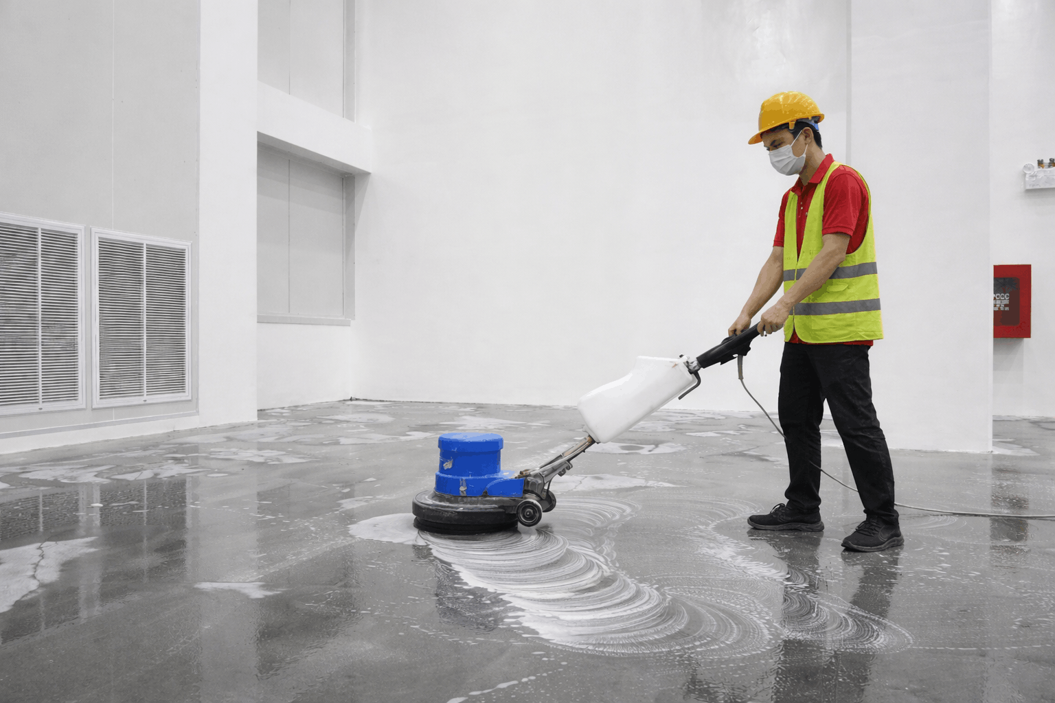 Nhân viên MCX Clean thực hiện vệ sinh công nghiệp bằng máy chà sàn