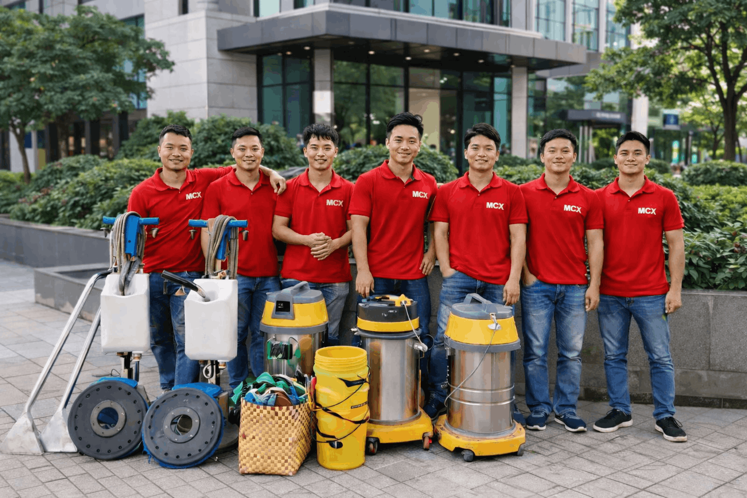 Đội ngũ nhân viên MCX Clean thực hiện vệ sinh công nghiệp với máy móc chuyên dụng tại tòa nhà hiện đại