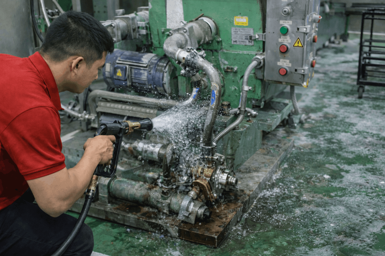 Nhân viên MCX Clean vệ sinh dây chuyền máy móc nhà xưởng bằng máy xịt áp lực cao