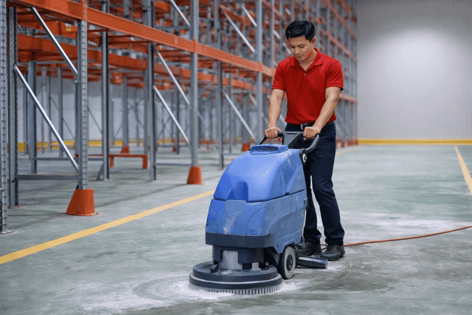 Nhân viên MCX Clean sử dụng máy chà sàn công nghiệp vệ sinh nhà xưởng sạch sâu