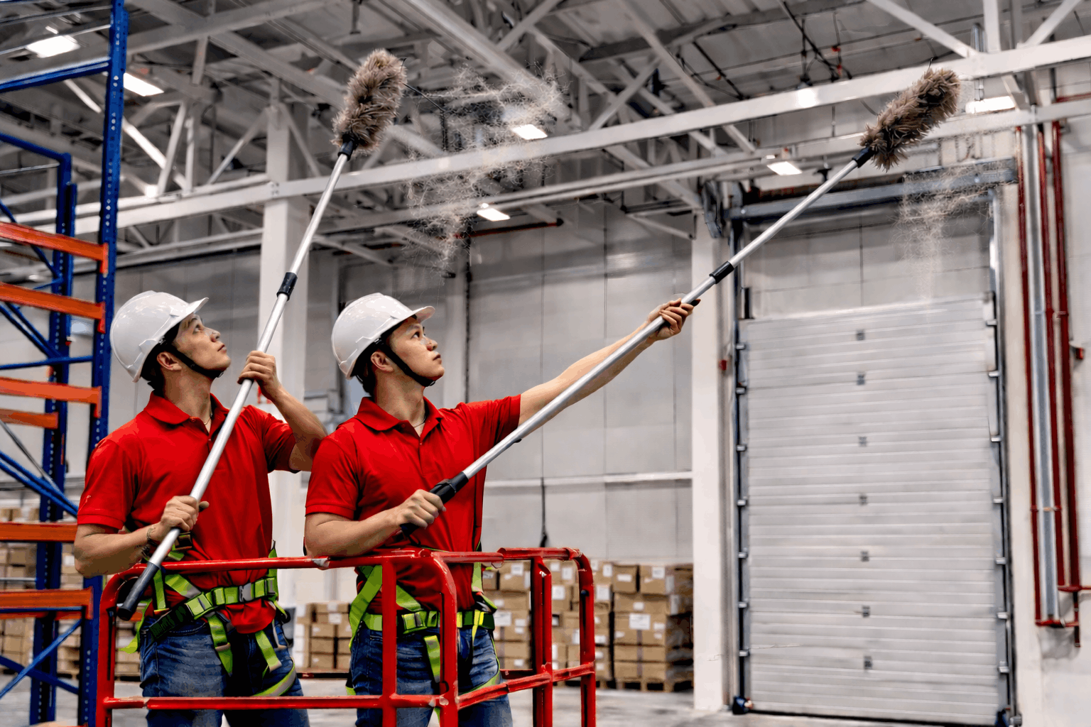 Nhân viên MCX Clean vệ sinh nhà xưởng trên cao bằng thiết bị chuyên dụng, làm sạch trần và kết cấu thép